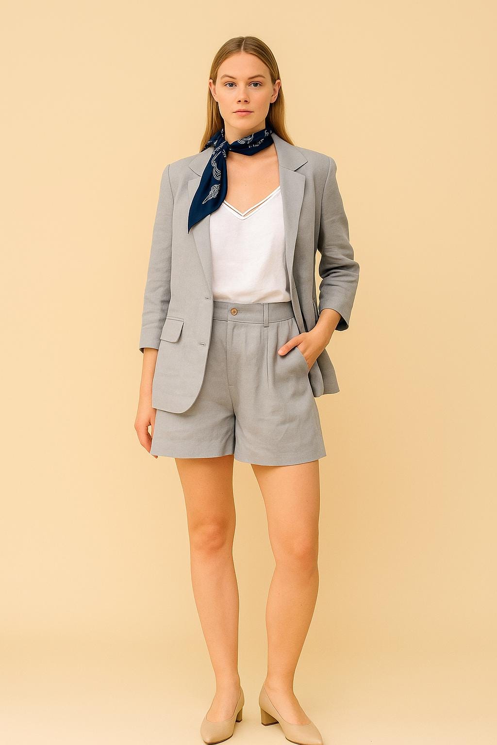 Women’s Summer Blazer Shorts Set – Light Grey Two-Piece Suit with Notch Lapel Jacket & Tailored Shorts –Business Casual Resortwear by NAARVI