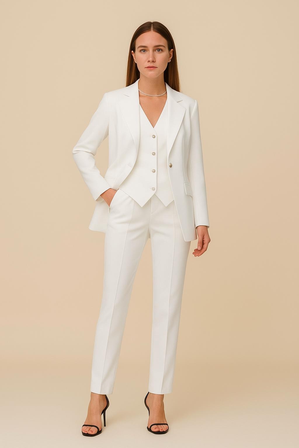 Women’s White 3 Piece Suit –Tailored Bridal Pantsuit with Blazer, Waistcoat & Slim Trousers - Civil Wedding Outfit -Power Dressing by NAARVI