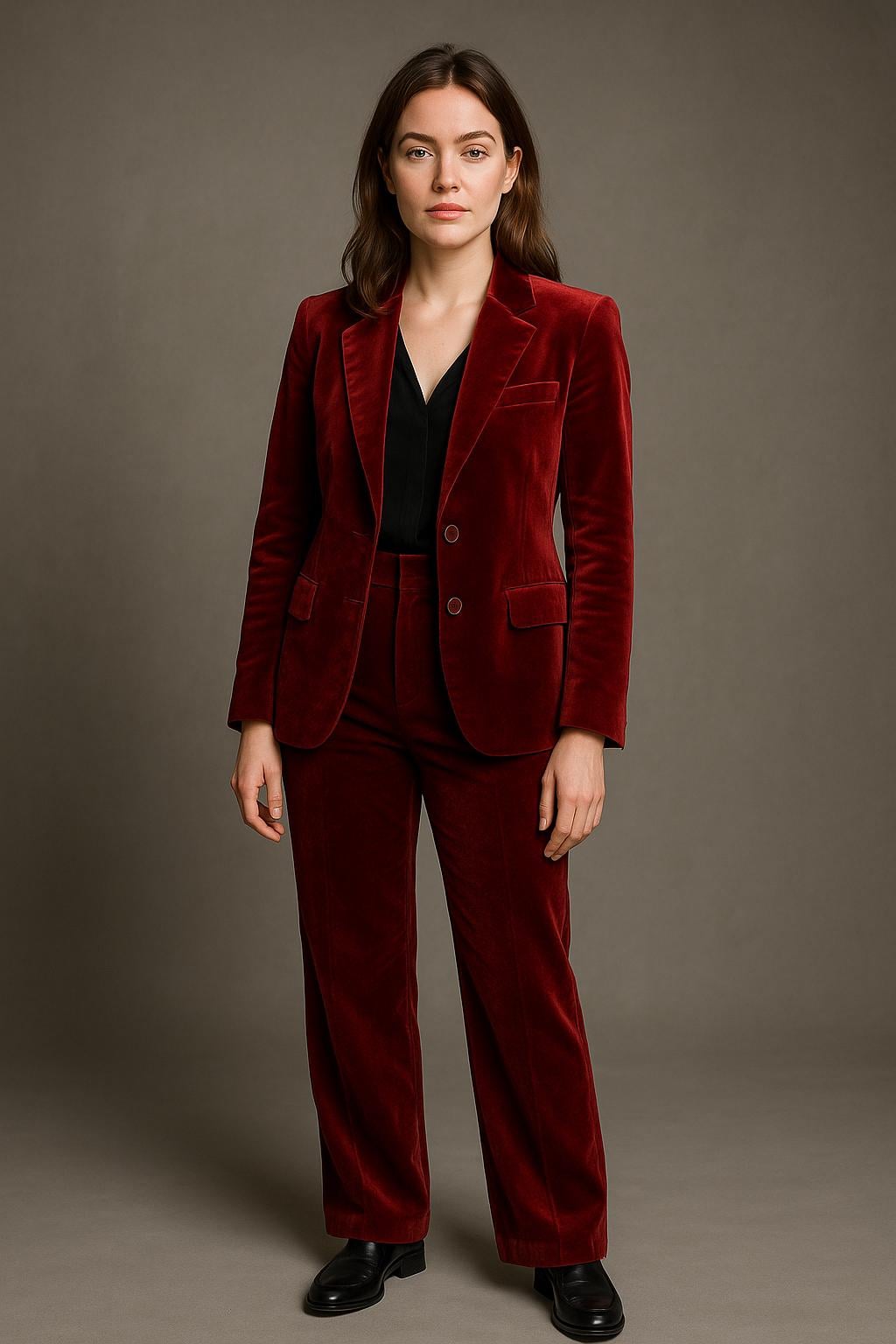 Women’s Velvet Suit in Wine Red – Two-Piece Blazer & Pants Set –Holiday Party, Power Look, Luxe Officewear –Custom Tailored Outfit by NAARVI