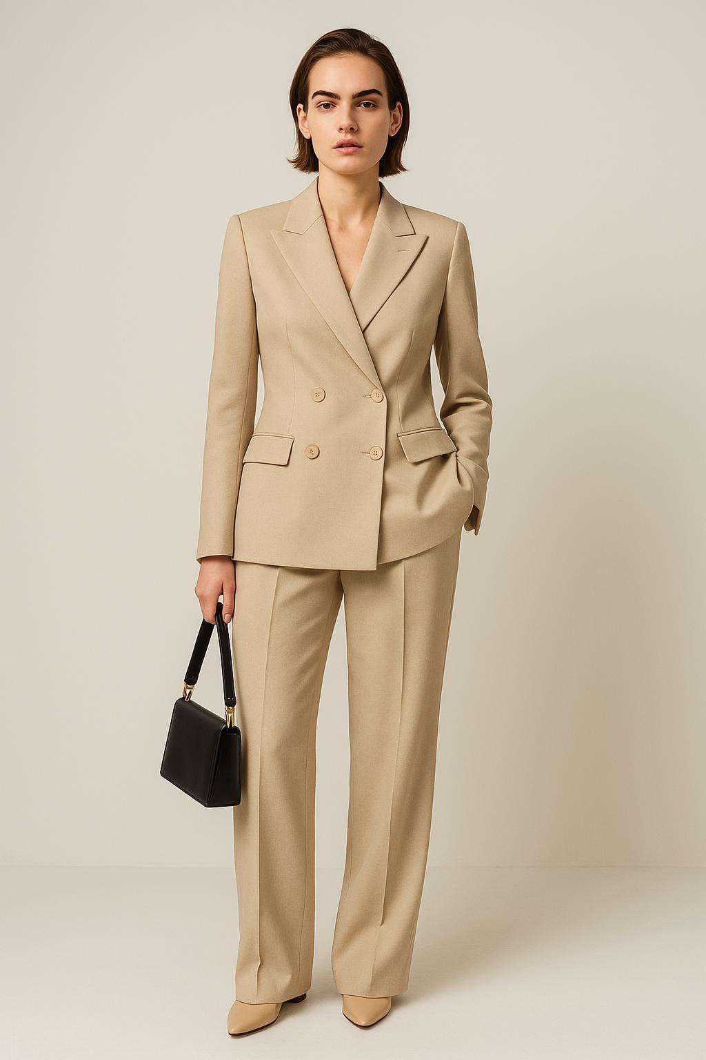 Women’s Tailored Two-Piece Suit – Double-Breasted Blazer & Straight-Leg Trousers – Elegant Formal Set for Workwear and Events by NAARVI