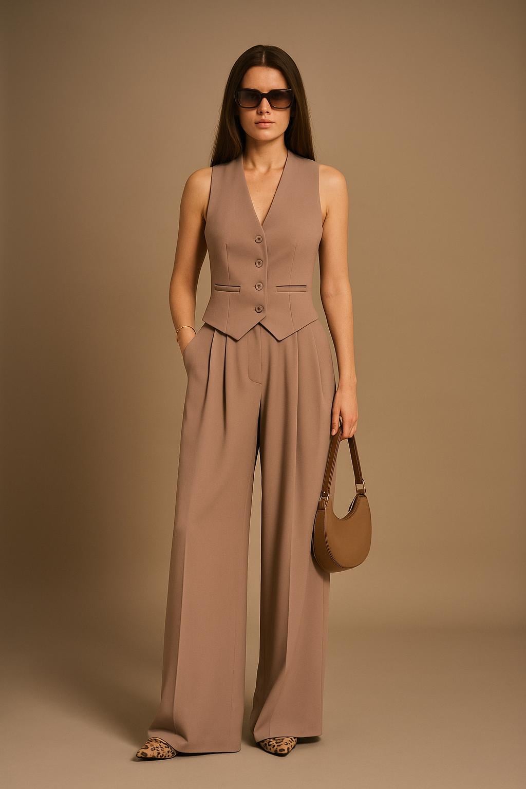 Women’s Taupe Waistcoat Suit Set – Tailored Wide-Leg Pants & Fitted Vest – Elegant Business-Casual Two-Piece Co-ord by NAARVI