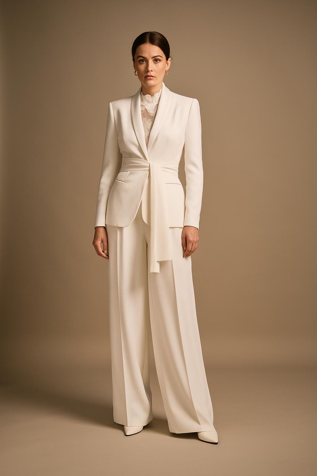 Women’s White Pantsuit – Tie-Waist Blazer with Wide-Leg Trousers for Bridal Look, Courthouse Wedding, Engagement or Formal Events by NAARVI